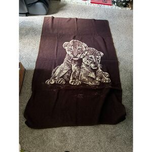 Vintage Reversible Leopard Cub Blanket Brown Cream Wildlife 52x80